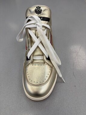 Bally Gold Leather Men’s Sneaker with White Laces - Designer Crest Detail